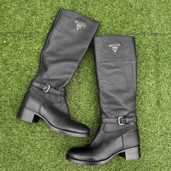 Prada Women's Cervo Logo Knee High Black Leather Riding Boots - Picture 1 of 9